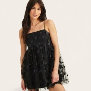Trixxi Black 3D Floral Applique Mini Dress Netted Tulle Coquette Fairy Black MD